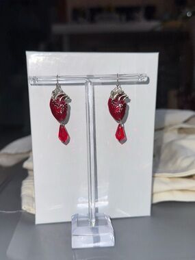 Red Sacred Heart Silver Drop Earrings - Women's Jewelry